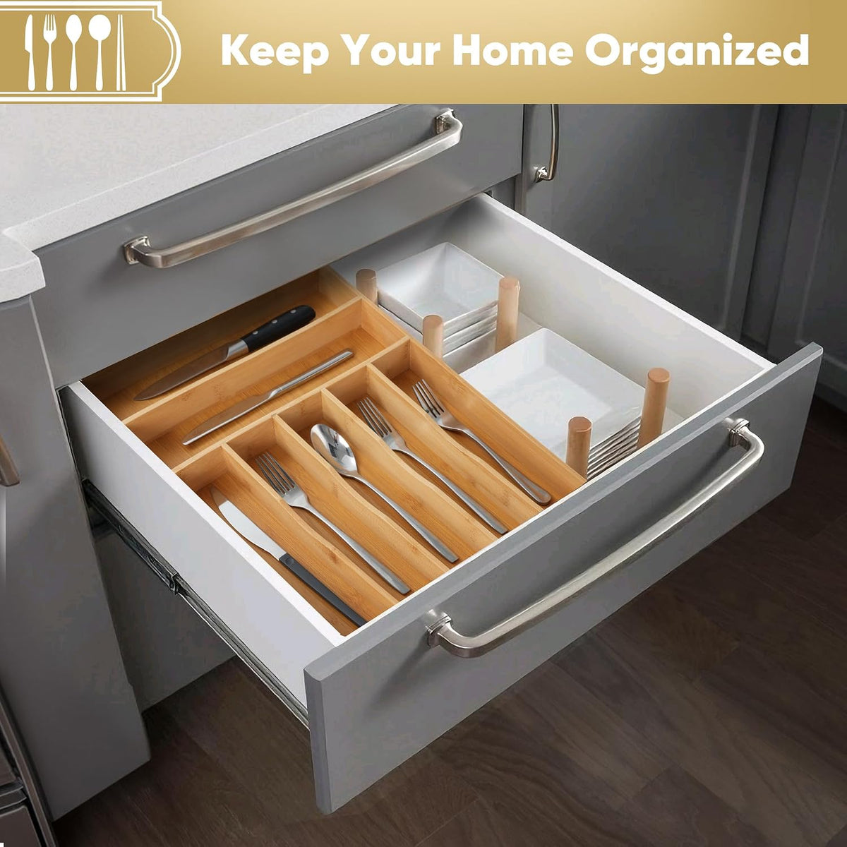Silverware Organizer, 10 Inch Utensil Organizer Kitchen Drawer Organizer Bamboo Silverware Holder Cutlery Tray Organizer in Drawer Flatware Organizer Tray(5 slots, Natural