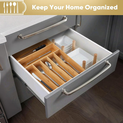 Silverware Organizer, 10 Inch Utensil Organizer Kitchen Drawer Organizer Bamboo Silverware Holder Cutlery Tray Organizer in Drawer Flatware Organizer Tray(5 slots, Natural