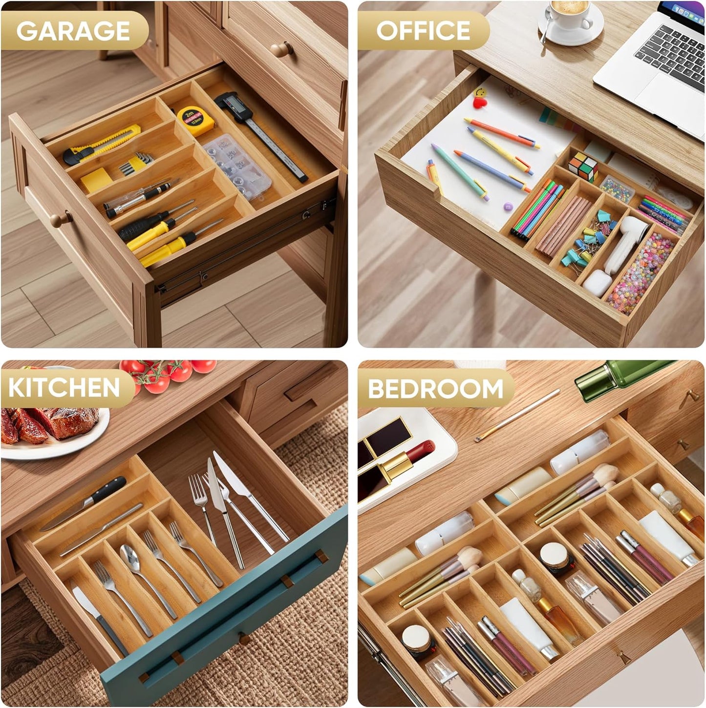 Silverware Organizer, 10 Inch Utensil Organizer Kitchen Drawer Organizer Bamboo Silverware Holder Cutlery Tray Organizer in Drawer Flatware Organizer Tray(5 slots, Natural