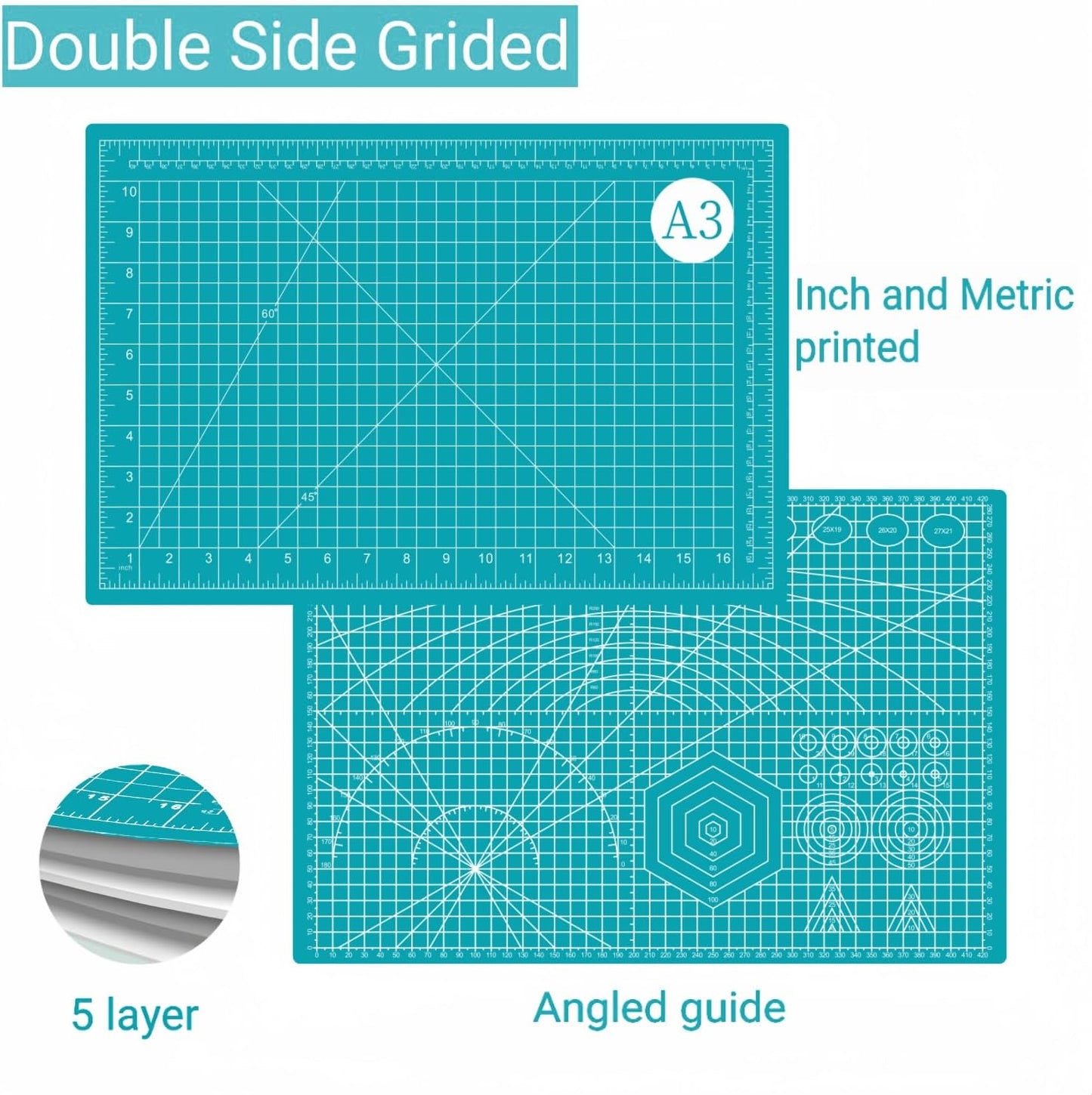 18"x12" Self Healing Cutting Mat, Sewing Mat for Crafts, Double Sided 5-Ply Table Cutting Board for Fabric Quilting Leather Modeling Hobby Project, Turquoise