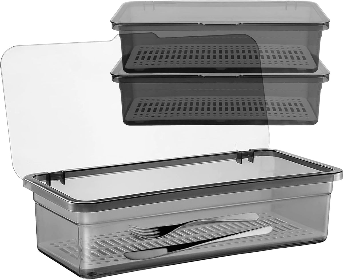 3PCS Flatware Tray with Lid and Drainer, Tableware Utensil and Cutlery Drawer Organizer with Lid Covered Silverware Tray to Keeps Your Cutlery Organized and Protected,Grey