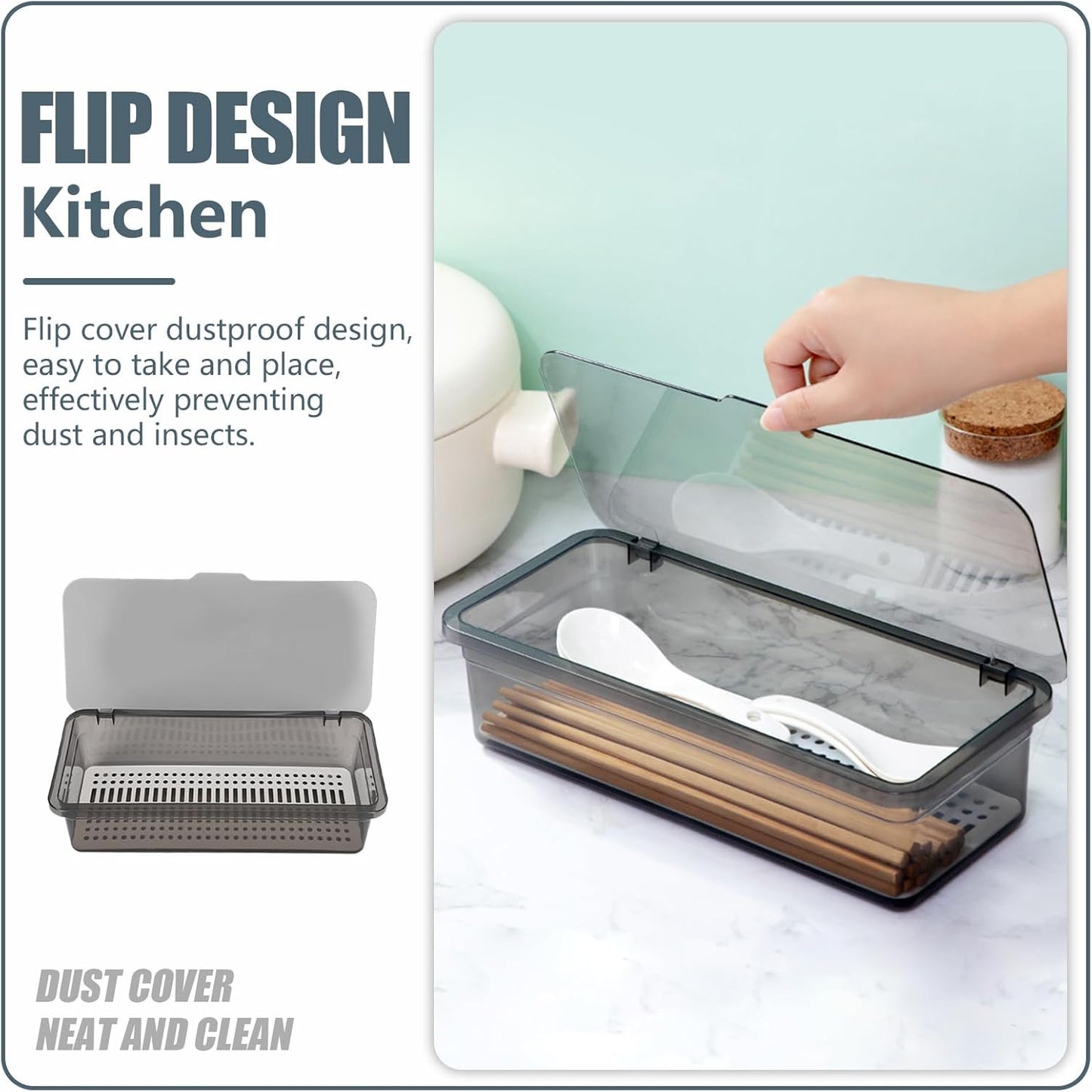 3PCS Flatware Tray with Lid and Drainer, Tableware Utensil and Cutlery Drawer Organizer with Lid Covered Silverware Tray to Keeps Your Cutlery Organized and Protected,Grey