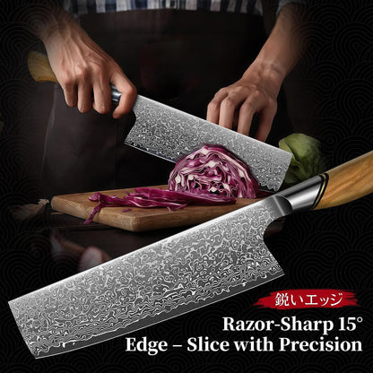 Damascus Nakiri Knife 6.5 Inch – VG10 Multipurpose Kitchen Knife | Japanese VG10 steel, Honbazuke Sharpening Method, Ergonomic Olive Wood Handle, Gift Box, for Vegetables and Meat