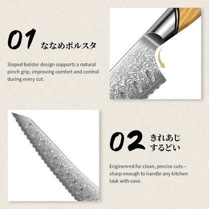 Damascus Nakiri Knife 6.5 Inch – VG10 Multipurpose Kitchen Knife | Japanese VG10 steel, Honbazuke Sharpening Method, Ergonomic Olive Wood Handle, Gift Box, for Vegetables and Meat