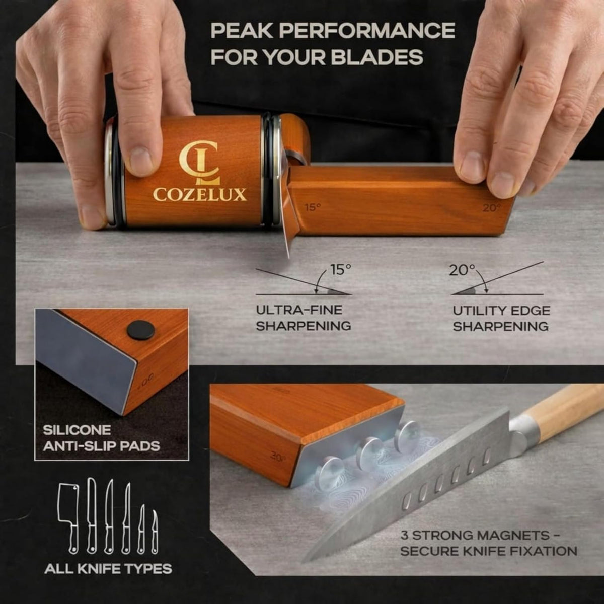 Rolling Knife Sharpener Kit – 400 & 3000 Grit Diamond & Ceramic Discs, 15° & 20° Magnetic Angle Guide knife sharpening kit, High Carbon StainlessSteel with Beech Wood Base knife sharpeners