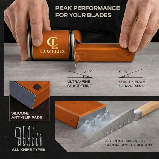 Rolling Knife Sharpener Kit – 400 & 3000 Grit Diamond & Ceramic Discs, 15° & 20° Magnetic Angle Guide knife sharpening kit, High Carbon StainlessSteel with Beech Wood Base knife sharpeners