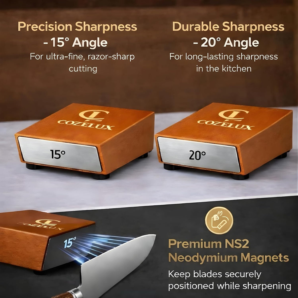 Rolling Knife Sharpener Kit – 400 & 3000 Grit Diamond & Ceramic Discs, 15° & 20° Magnetic Angle Guide knife sharpening kit, High Carbon StainlessSteel with Beech Wood Base knife sharpeners