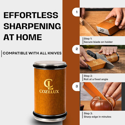 Rolling Knife Sharpener Kit – 400 & 3000 Grit Diamond & Ceramic Discs, 15° & 20° Magnetic Angle Guide knife sharpening kit, High Carbon StainlessSteel with Beech Wood Base knife sharpeners