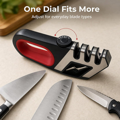 Handheld 4-in-1 Knife and Scissor Sharpener - Adjustable Angle Manual Sharpening Tool for Kitchen, Pocket, and Dull Blades - Ergonomic Handle & Non-Slip Base