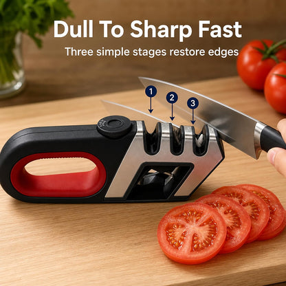 Handheld 4-in-1 Knife and Scissor Sharpener - Adjustable Angle Manual Sharpening Tool for Kitchen, Pocket, and Dull Blades - Ergonomic Handle & Non-Slip Base