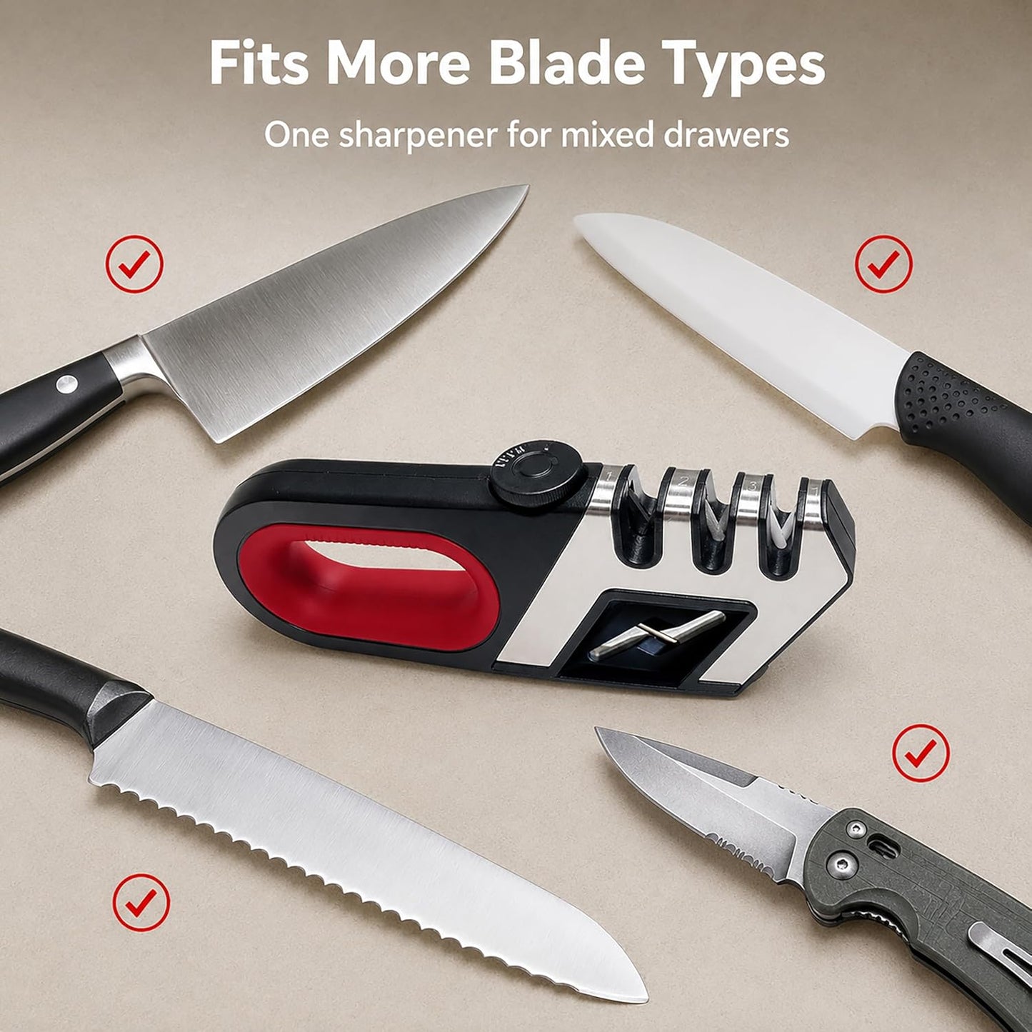 Handheld 4-in-1 Knife and Scissor Sharpener - Adjustable Angle Manual Sharpening Tool for Kitchen, Pocket, and Dull Blades - Ergonomic Handle & Non-Slip Base