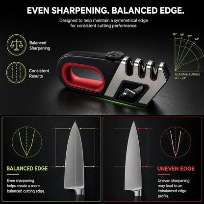 Handheld 4-in-1 Knife and Scissor Sharpener - Adjustable Angle Manual Sharpening Tool for Kitchen, Pocket, and Dull Blades - Ergonomic Handle & Non-Slip Base