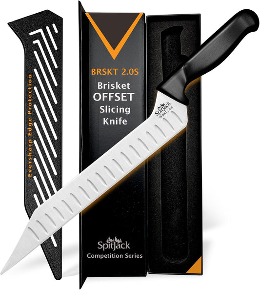 Offset Brisket Knife, 7Cr17MoV Granton Blade, Sheath, KW155 | Competition-grade meat carving knife with aggressive fluting, non-slip grease-resistant handle, and custom storage sheath.