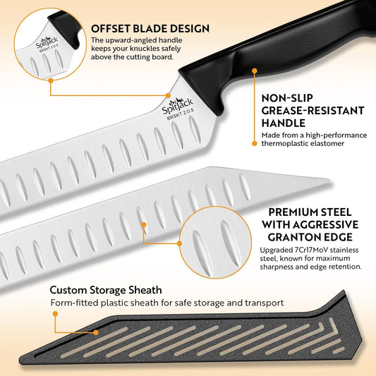 Offset Brisket Knife, 7Cr17MoV Granton Blade, Sheath, KW155 | Competition-grade meat carving knife with aggressive fluting, non-slip grease-resistant handle, and custom storage sheath.