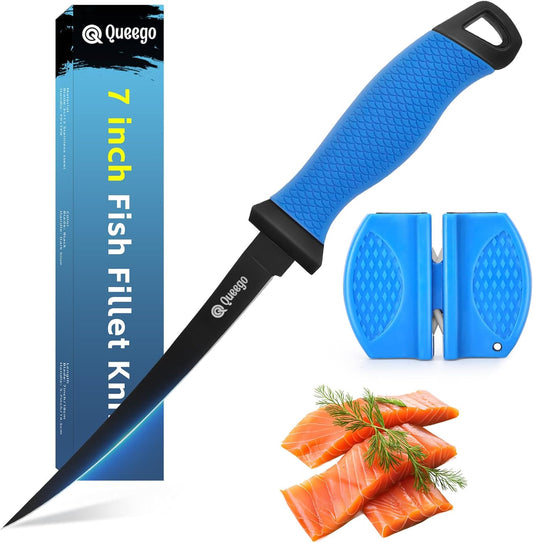 Fish Fillet Knife 7 Inch,Razor-Sharp Flexible Blade,Ergonomic Non-Slip Handle - Perfect for Slicing Fish,Includes Safety Sheath and 1 Two Stage Knife Sharpener