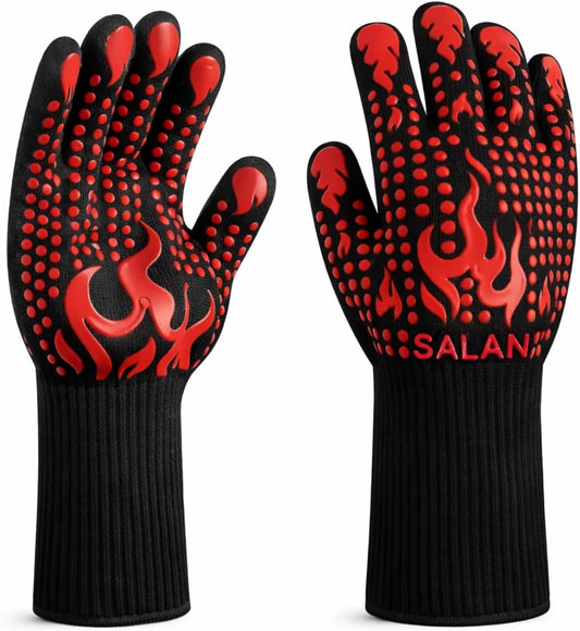 Heat Resistant BBQ Gloves, 1472°F Grilling Gloves with Silicone Non-Slip Grip, Long Oven Gloves for Cooking, Baking, Smoker, Grill, Fireplace, Cut Resistant Kitchen Gloves (Red)