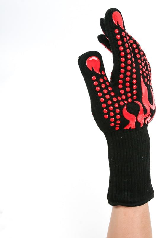 Heat Resistant BBQ Gloves, 1472°F Grilling Gloves with Silicone Non-Slip Grip, Long Oven Gloves for Cooking, Baking, Smoker, Grill, Fireplace, Cut Resistant Kitchen Gloves (Red)