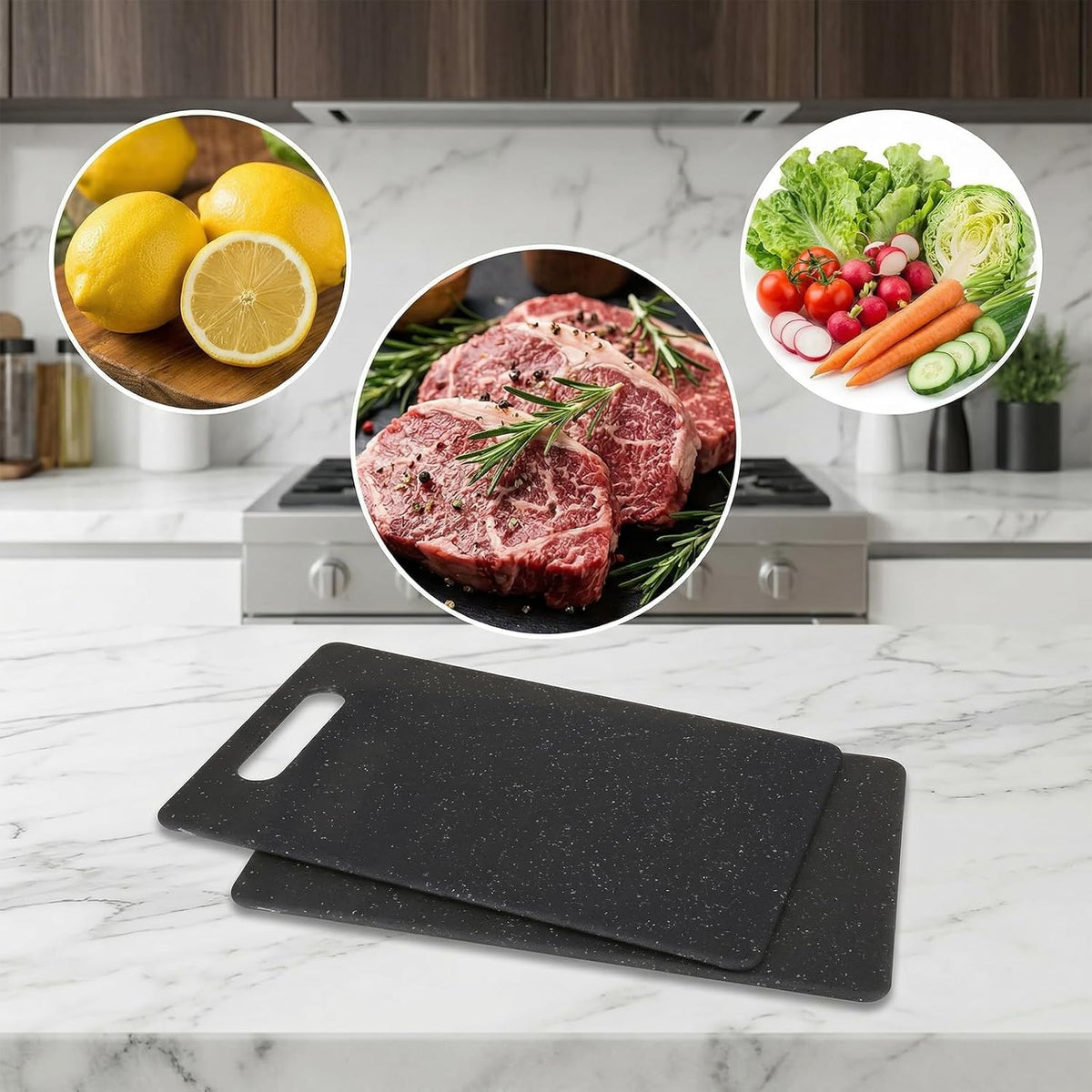 10 Pcs Small Cutting Board for Kitchen Mini Plastic Cutting Board Set Bar Dishwasher Safe Granite Color Food for Camping Food Fruits Prep Vegetables Easy Grip, 6" x 10",Black