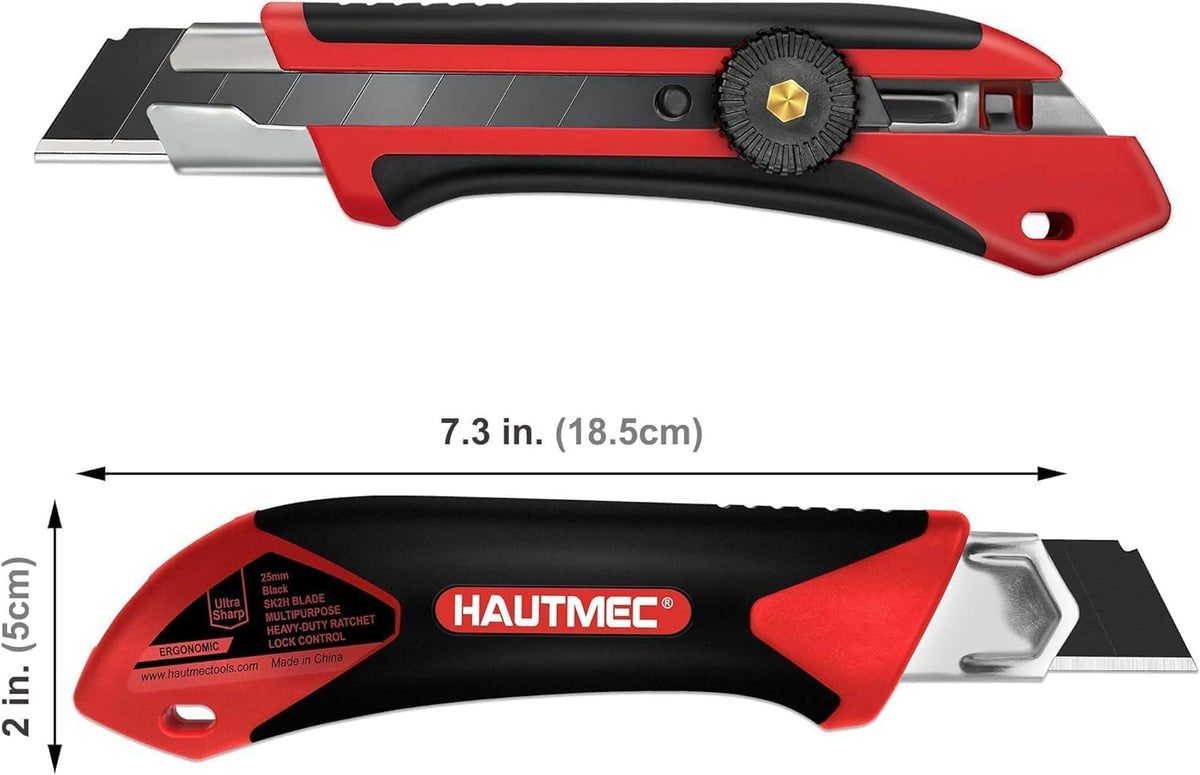 25mm Extra Heavy-Duty Utility Knife, Multi-Purpose Snap-off Box Cutter, Ratchet-lock Mechanism, Reinforced Fiberglass Handle HT0250-KN