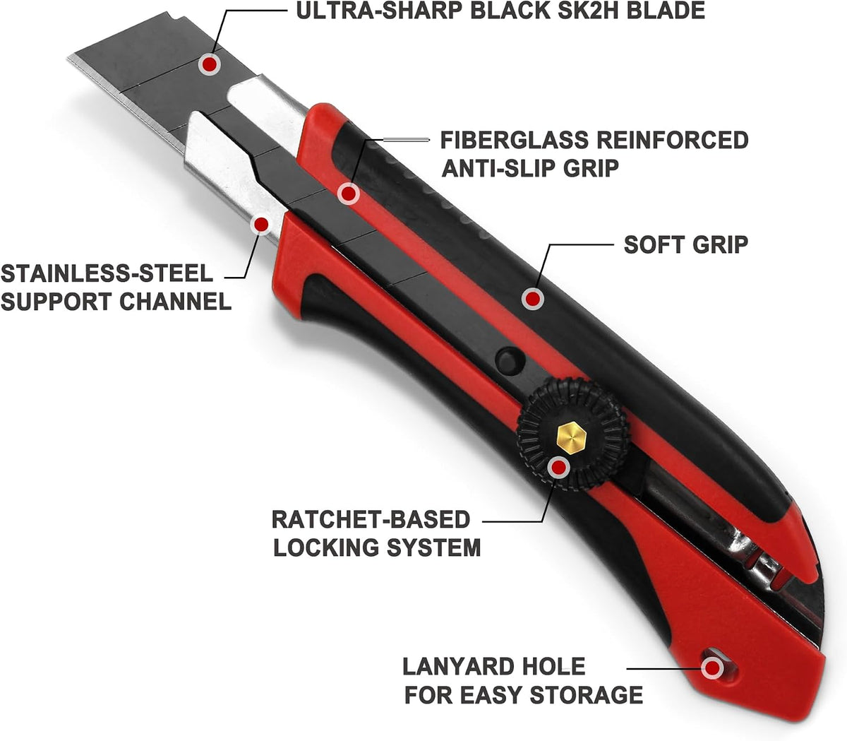 25mm Extra Heavy-Duty Utility Knife, Multi-Purpose Snap-off Box Cutter, Ratchet-lock Mechanism, Reinforced Fiberglass Handle HT0250-KN