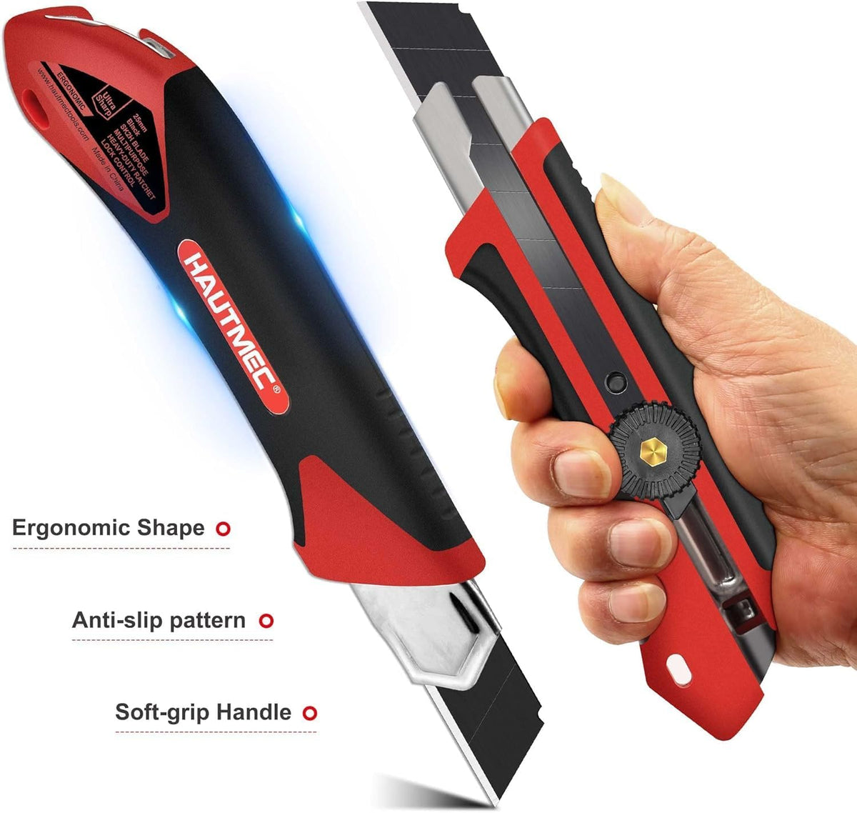 25mm Extra Heavy-Duty Utility Knife, Multi-Purpose Snap-off Box Cutter, Ratchet-lock Mechanism, Reinforced Fiberglass Handle HT0250-KN