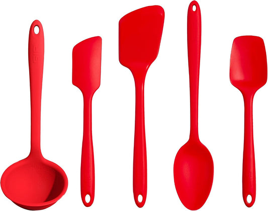 5 Piece Silicone Ultimate Kitchen Utensils Set - Ladle, Spatula, Flip, Spoon & Spoonula - Non-Toxic Cooking Utensils for Nonstick Cookware, Cooking and Baking - Red