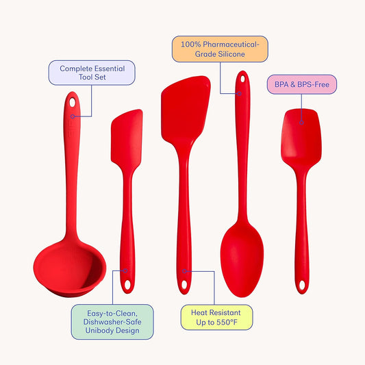 5 Piece Silicone Ultimate Kitchen Utensils Set - Ladle, Spatula, Flip, Spoon & Spoonula - Non-Toxic Cooking Utensils for Nonstick Cookware, Cooking and Baking - Red