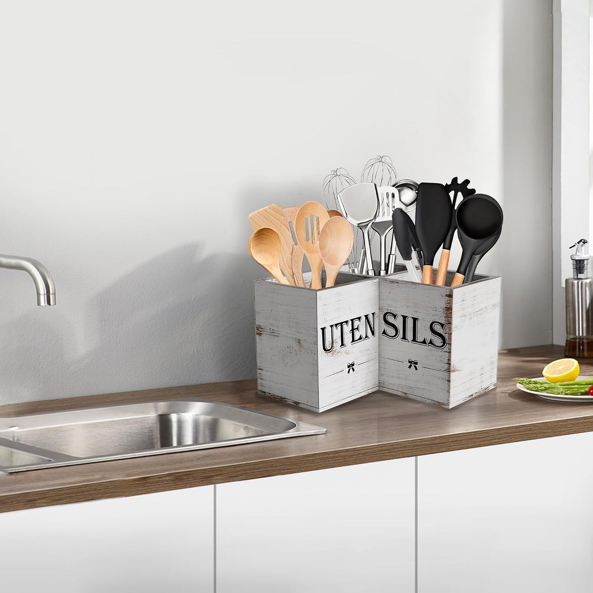 Extra Large Utensil Holder Countertop for Kitchen Counter,Wood,Black