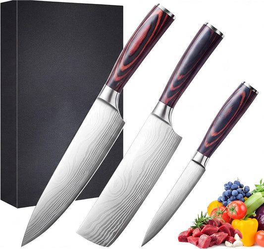 3 Pieces Chef Knife Set,Janpanese Knife | High Carbon Stainless Steel, Professional Kitchen , Ultra Sharp Chef Knives with Premium Gift Box, Ergonomic Pakkawood Handle