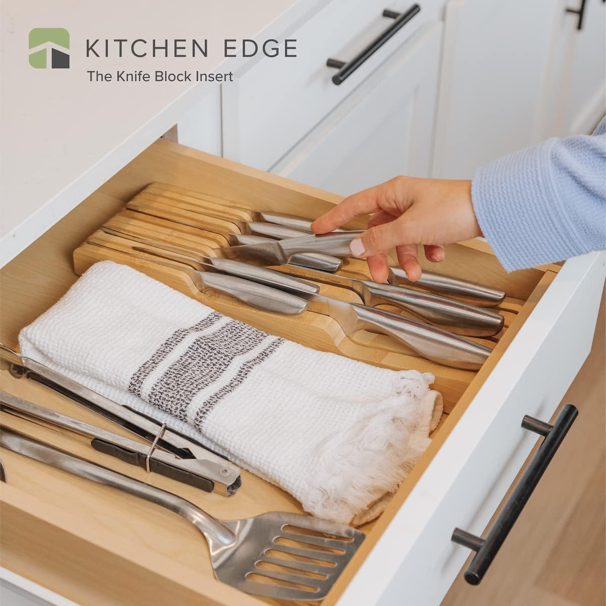 In-Drawer Knife Block Holder, 11 Slots, Bamboo | Fits most knife sizes, rubber feet, food-safe finish