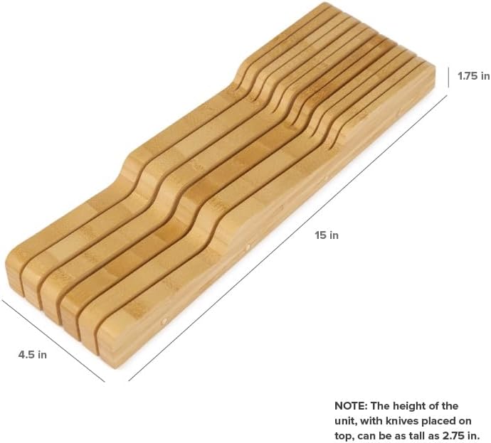 In-Drawer Knife Block Holder, 11 Slots, Bamboo | Fits most knife sizes, rubber feet, food-safe finish