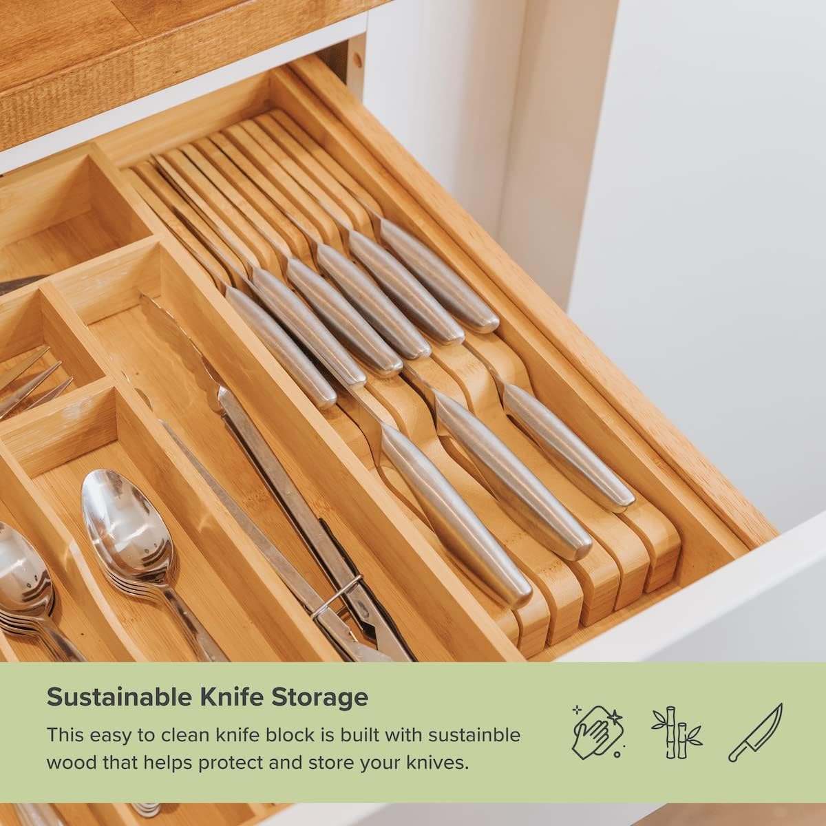 In-Drawer Knife Block Holder, 11 Slots, Bamboo | Fits most knife sizes, rubber feet, food-safe finish