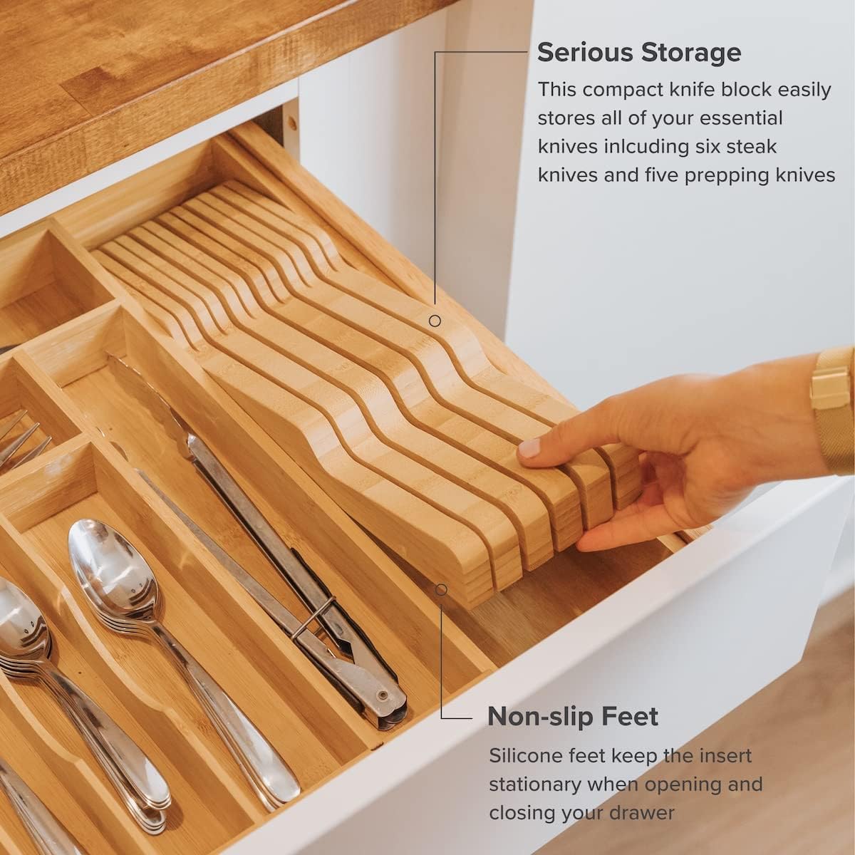 In-Drawer Knife Block Holder, 11 Slots, Bamboo | Fits most knife sizes, rubber feet, food-safe finish