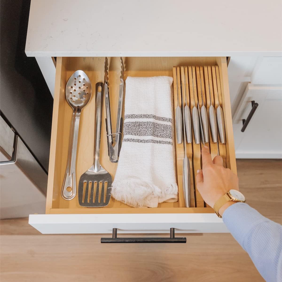 In-Drawer Knife Block Holder, 11 Slots, Bamboo | Fits most knife sizes, rubber feet, food-safe finish