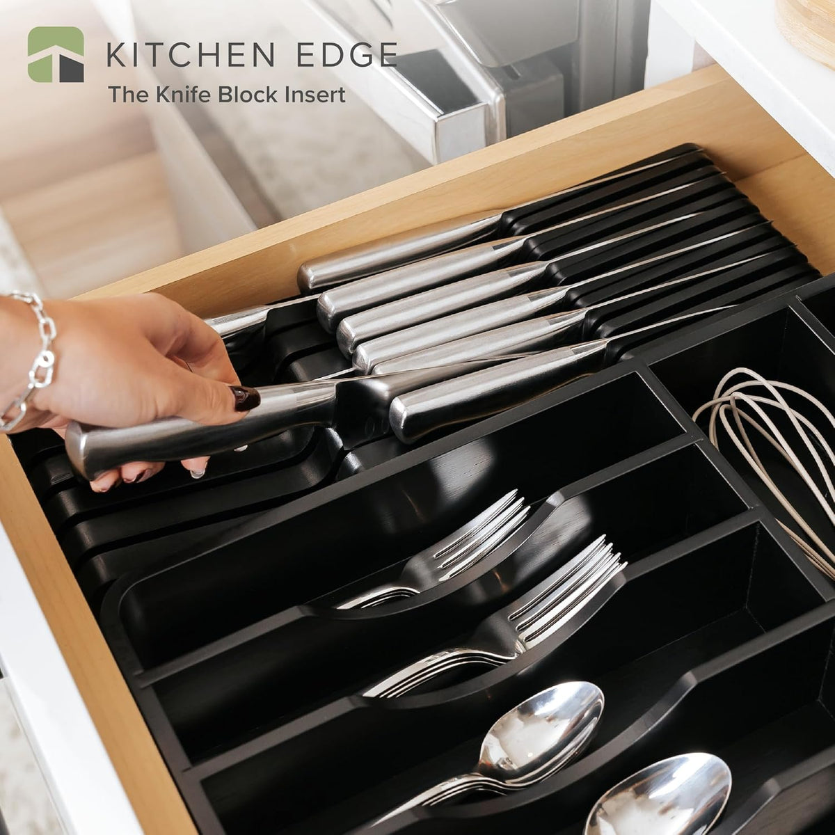 In-Drawer Knife Block Holder, 11 Slots, Bamboo | Fits most knife sizes, rubber feet, food-safe finish