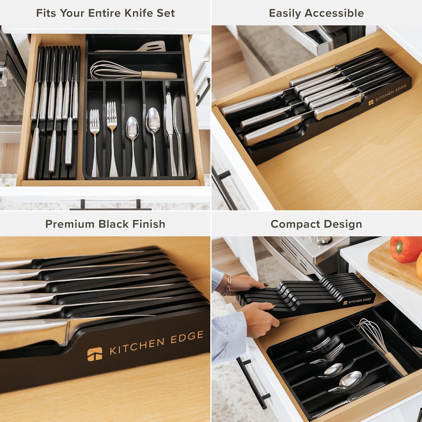 In-Drawer Knife Block Holder, 11 Slots, Bamboo | Fits most knife sizes, rubber feet, food-safe finish