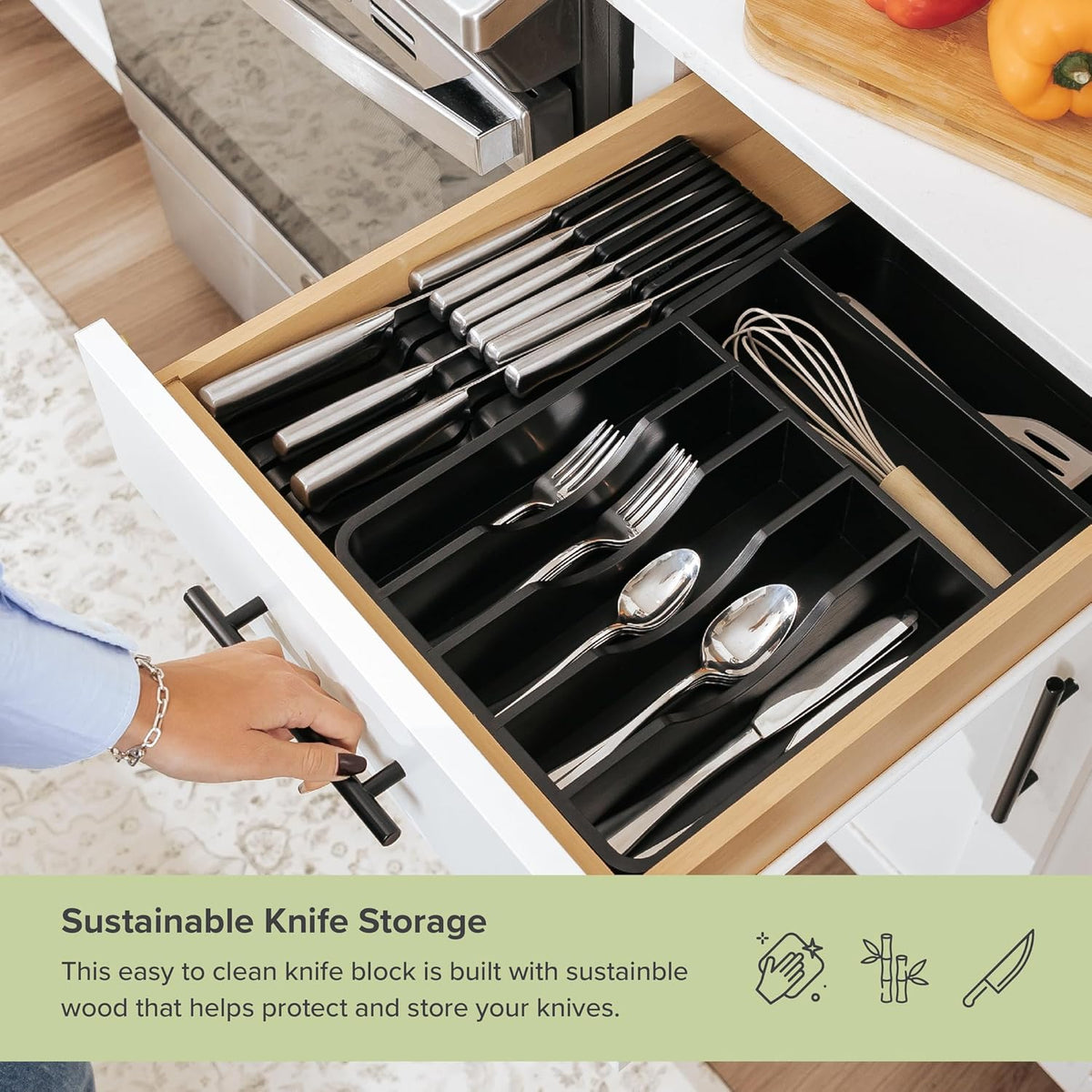 In-Drawer Knife Block Holder, 11 Slots, Bamboo | Fits most knife sizes, rubber feet, food-safe finish