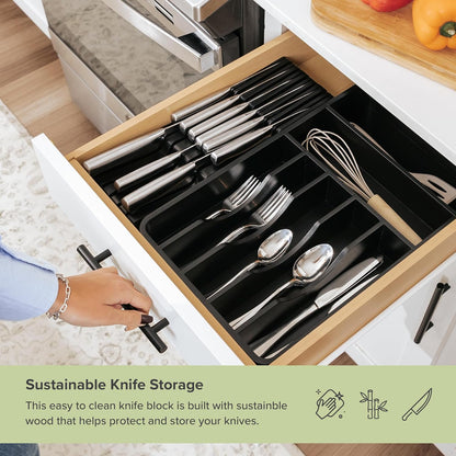 In-Drawer Knife Block Holder, 11 Slots, Bamboo | Fits most knife sizes, rubber feet, food-safe finish