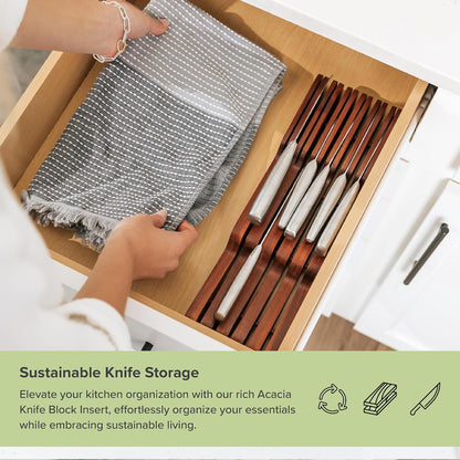 In-Drawer Knife Block Holder, 11 Slots, Bamboo | Fits most knife sizes, rubber feet, food-safe finish