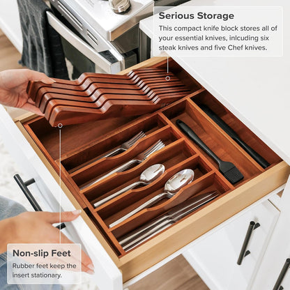 In-Drawer Knife Block Holder, 11 Slots, Bamboo | Fits most knife sizes, rubber feet, food-safe finish