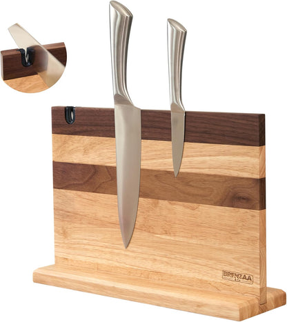 BRENZAA 14" Magnetic Knife Block with Sharpener, Wood Knife Holder Stand