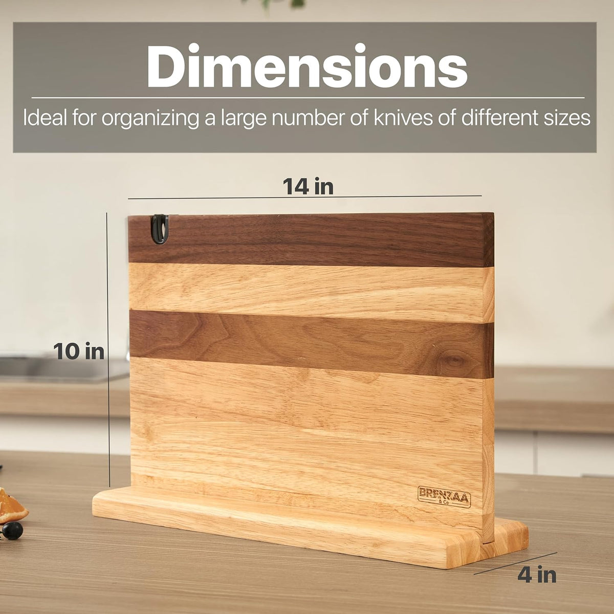 BRENZAA 14" Magnetic Knife Block with Sharpener, Wood Knife Holder Stand