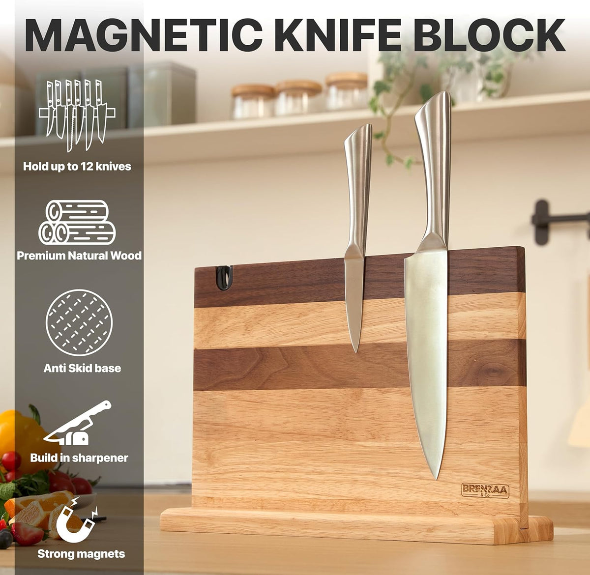 BRENZAA 14" Magnetic Knife Block with Sharpener, Wood Knife Holder Stand