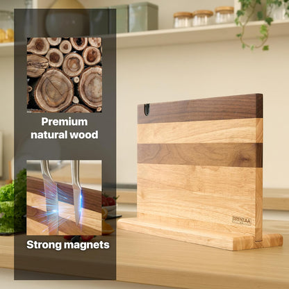 BRENZAA 14" Magnetic Knife Block with Sharpener, Wood Knife Holder Stand