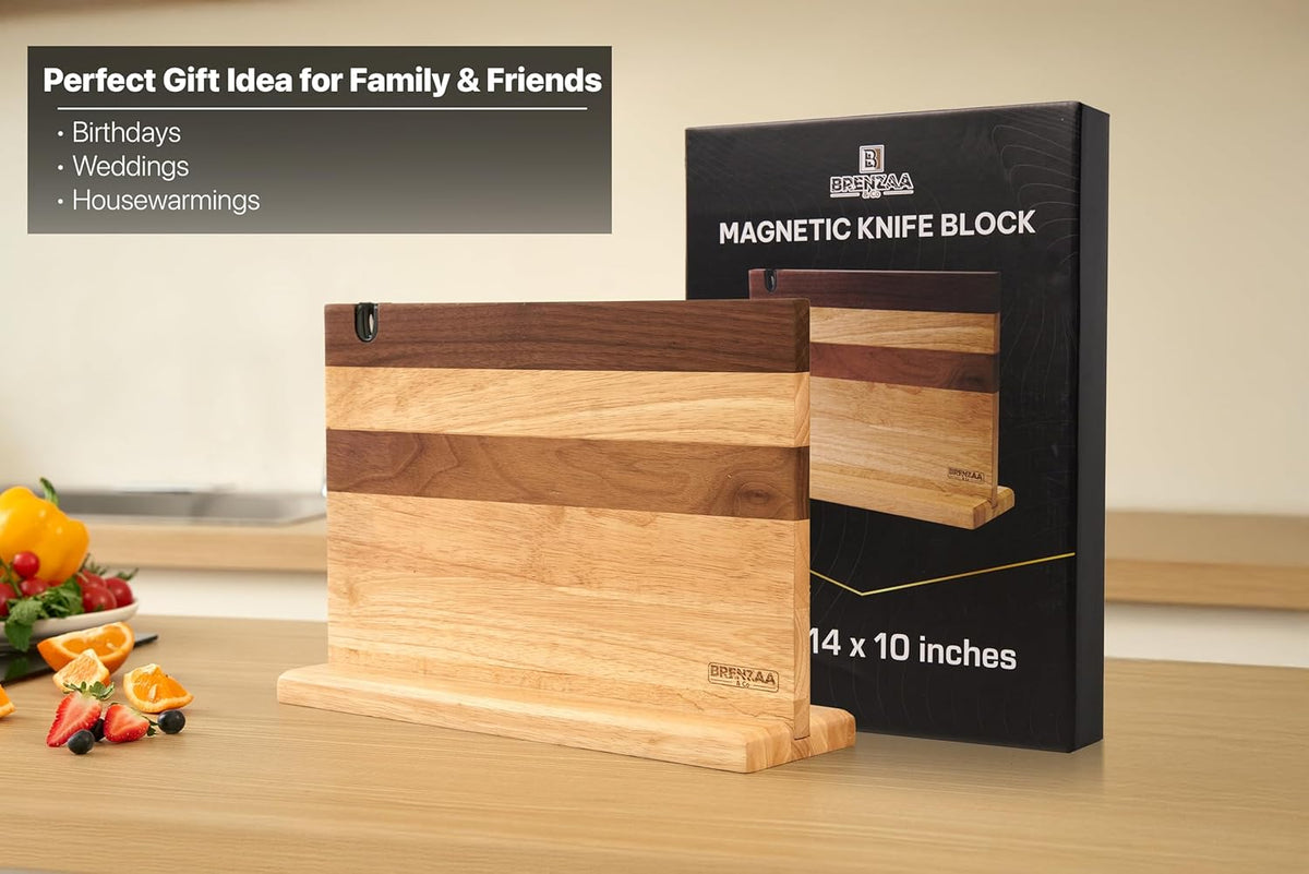 BRENZAA 14" Magnetic Knife Block with Sharpener, Wood Knife Holder Stand
