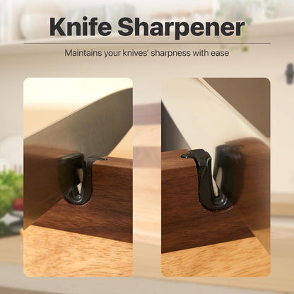 BRENZAA 14" Magnetic Knife Block with Sharpener, Wood Knife Holder Stand