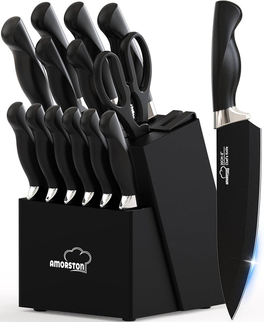 Knife Set, 15 Piece Kitchen Knife Set with Block and Built in Sharpener, German Stainless Steel Dishwasher Safe Knife Block Set, Black Kitchen Knives Set for Home Cooking