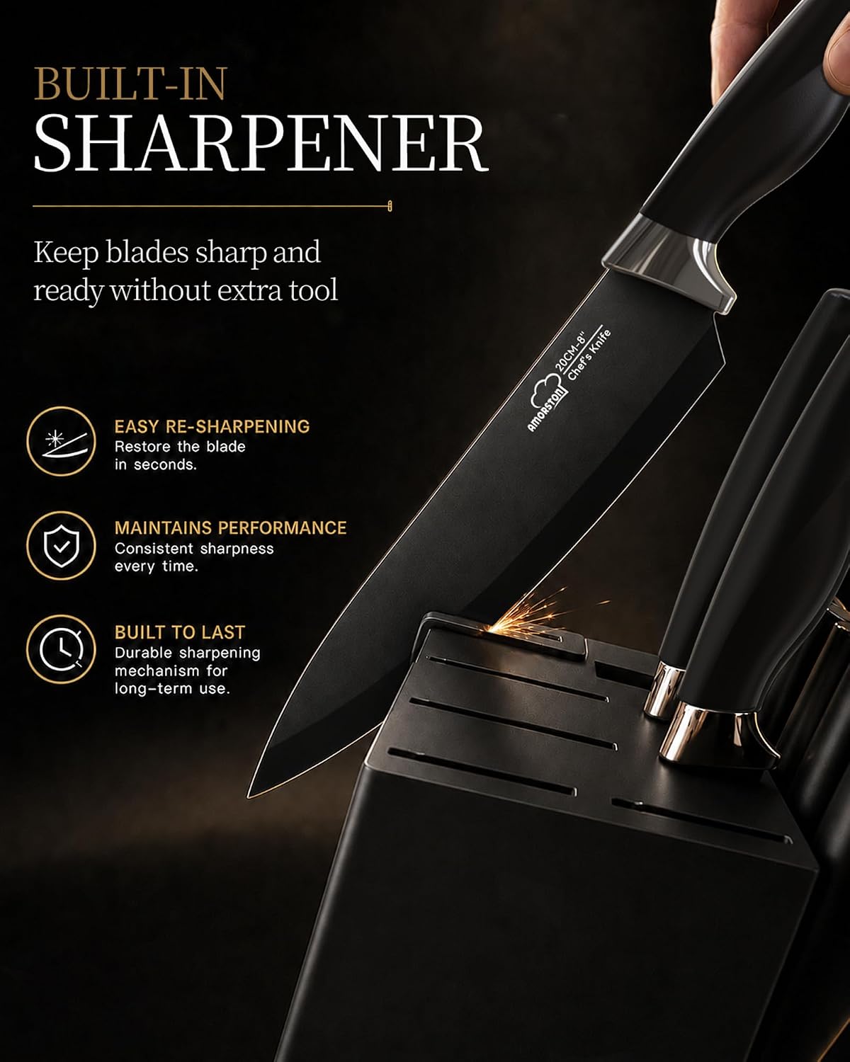 Knife Set, 15 Piece Kitchen Knife Set with Block and Built in Sharpener, German Stainless Steel Dishwasher Safe Knife Block Set, Black Kitchen Knives Set for Home Cooking