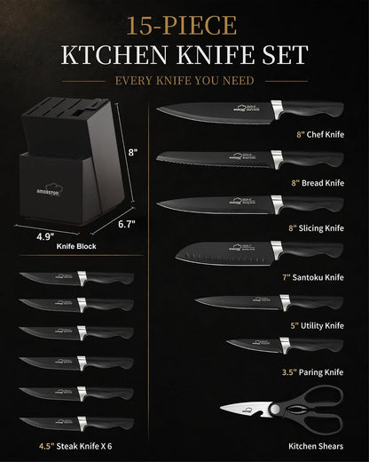 Knife Set, 15 Piece Kitchen Knife Set with Block and Built in Sharpener, German Stainless Steel Dishwasher Safe Knife Block Set, Black Kitchen Knives Set for Home Cooking