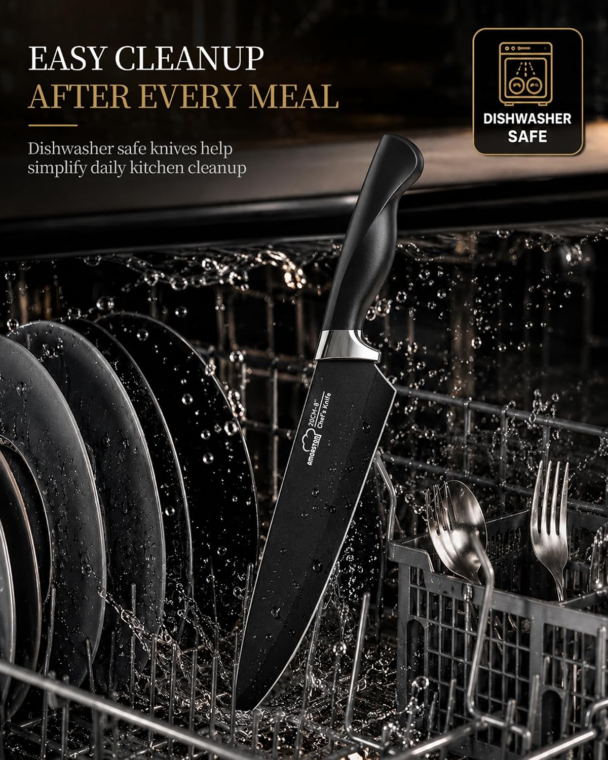 Knife Set, 15 Piece Kitchen Knife Set with Block and Built in Sharpener, German Stainless Steel Dishwasher Safe Knife Block Set, Black Kitchen Knives Set for Home Cooking